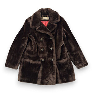 Vintage Lilli Ann Fur Coat Womens LARGE Brown Faux Double Breasted Satin USA 60s